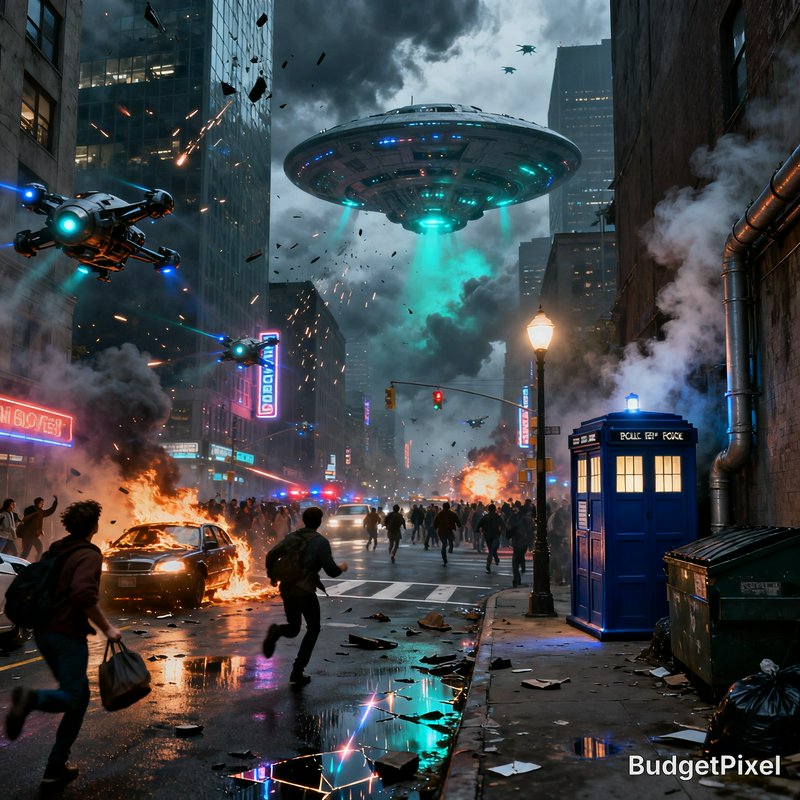 City street at night with a hovering UFO, neon-lit buildings, drones, fires, and a blue TARDIS-li...