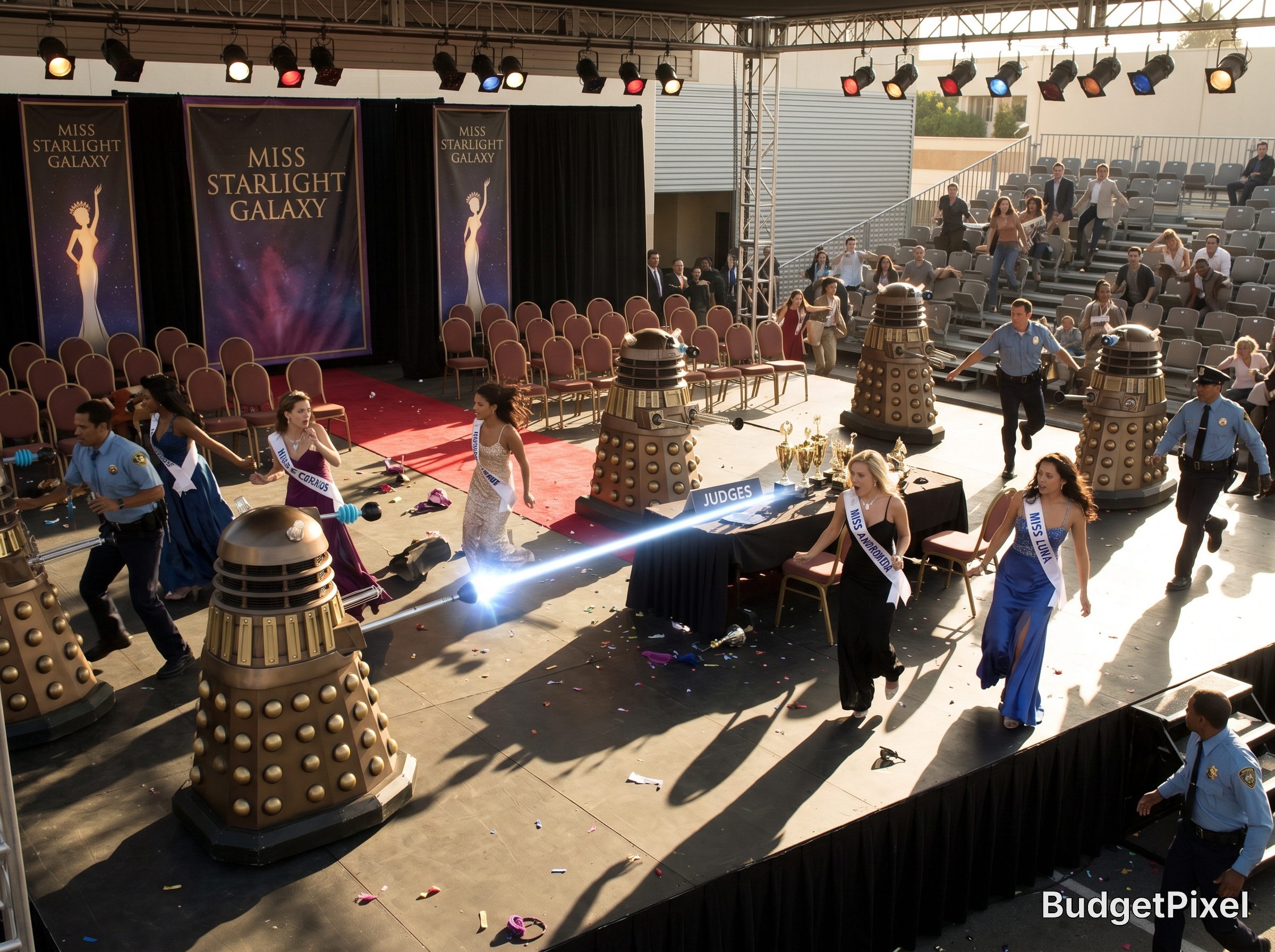 Pageant stage with contestants in gowns and Dalek props near the judges table.