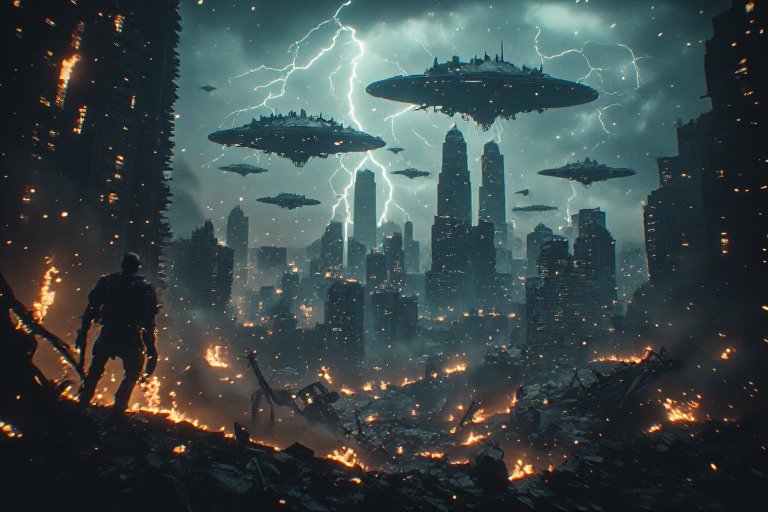 Silhouetted survivor in a ruined neon-lit city as flying saucers hover overhead amid lightning.