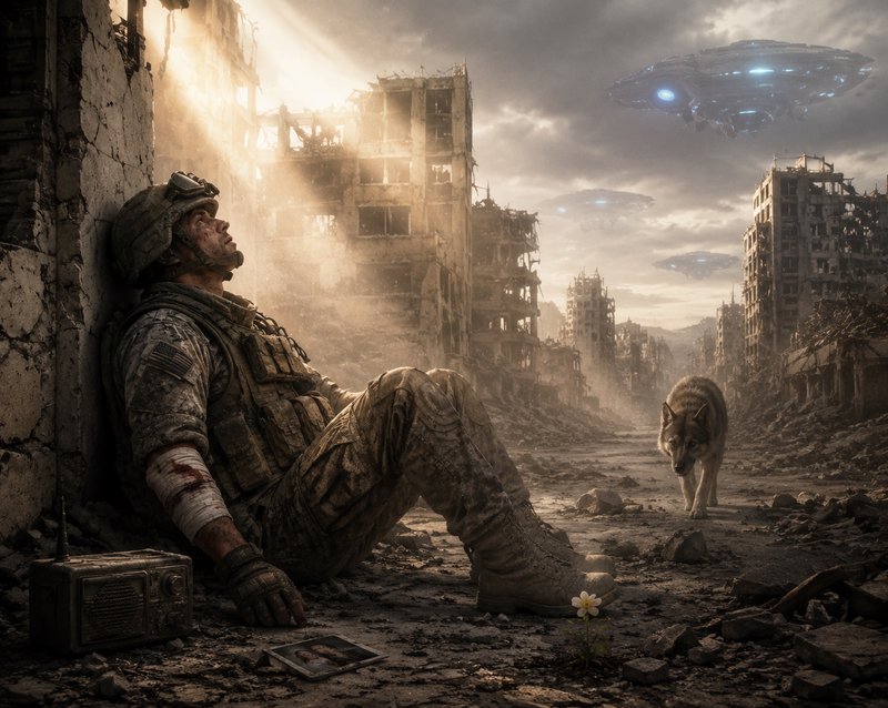 A weary soldier rests against rubble in a ruined city as a dog approaches, with alien spacecraft ...