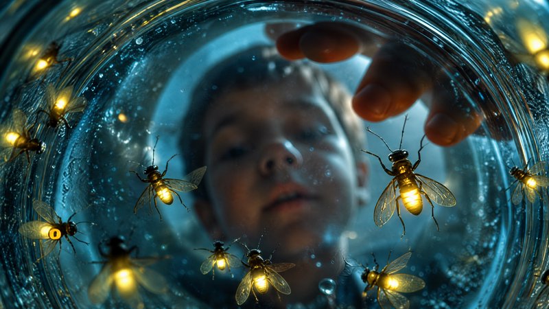 Child peering into a glass jar filled with glowing fireflies.