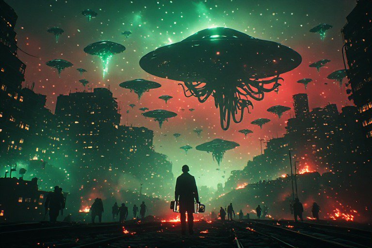 Lone figure in a neon-lit city as giant saucers hover overhead in a green-red sky.