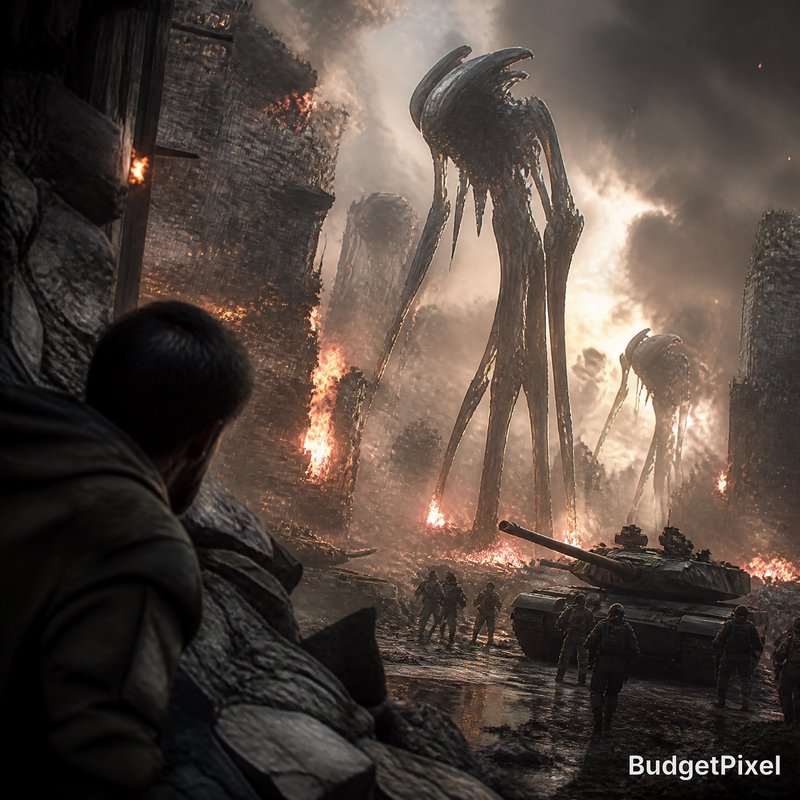 Dark sci-fi battlefield with towering alien creatures, tanks, and soldiers amid fires and smoke.