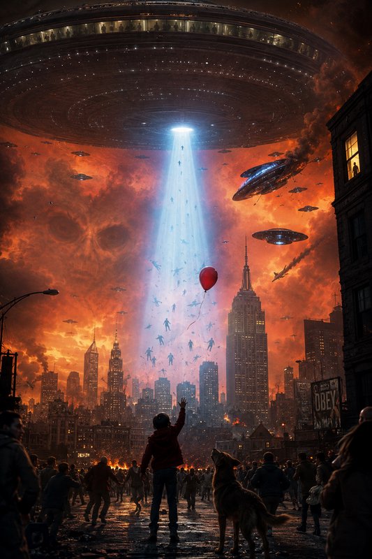 Sci-fi city under invasion with a blue beam lifting people toward a UFO.