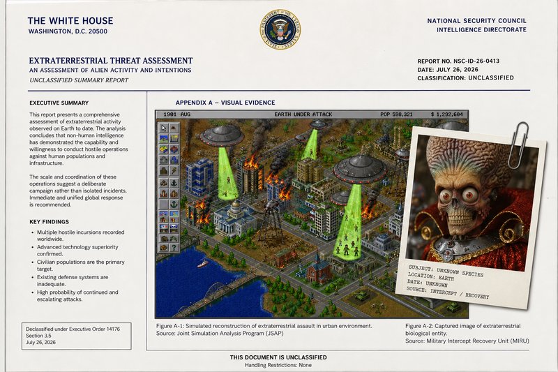 Simulated extraterrestrial attack in an urban setting with green beam weapons on a government bri...