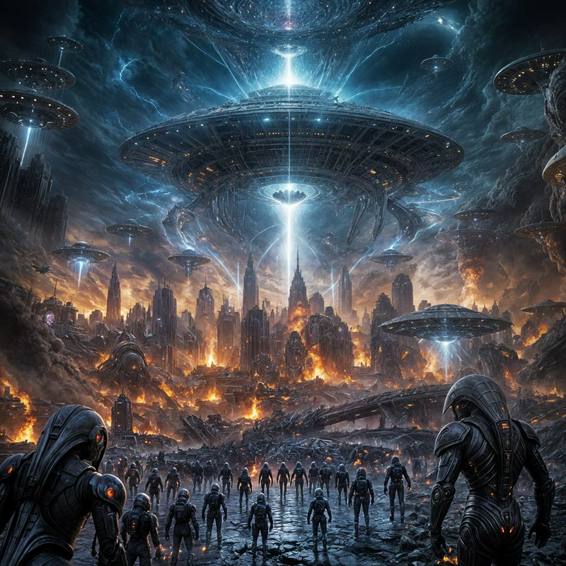 Futuristic city under alien invasion with hovering saucers and armored soldiers.