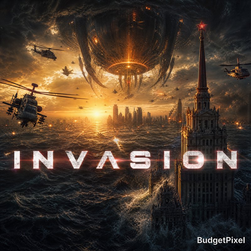 Giant alien mothership hovers over a ruined city as helicopters circle amid fiery skies.
