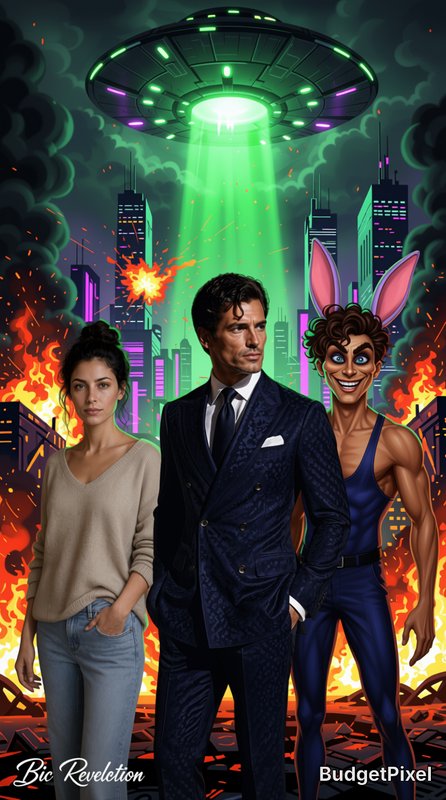 Three central figures stand before a neon, burning city as a green UFO beams down.