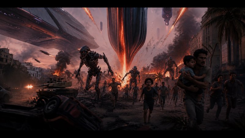 Desolate city street during an alien invasion with towering war machines and fleeing civilians.