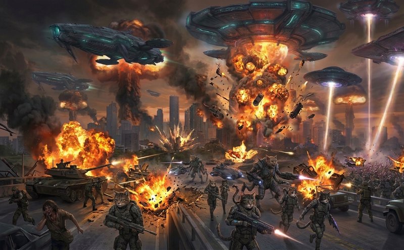 Epic sci-fi battle scene with a burning city, hovering warships, and soldiers fighting on a highway.