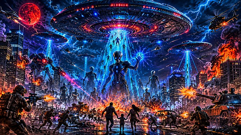 Futuristic alien invasion scene with towering blue invaders, flying saucers, and a burning city u...