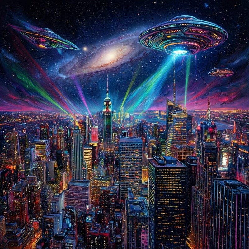 Futuristic neon cityscape at night with flying saucers and colorful laser beams overhead.