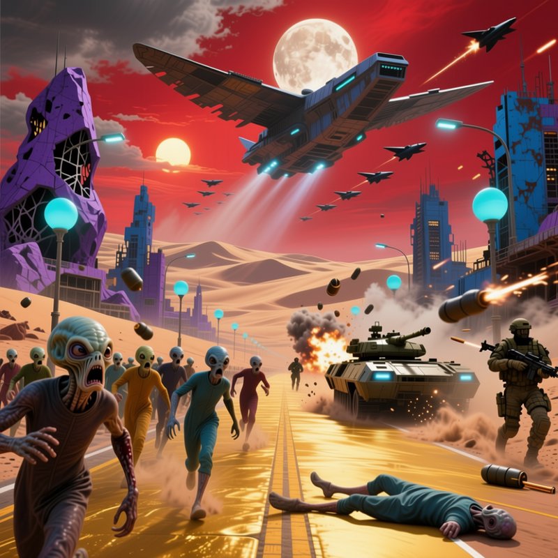 Sci-fi desert city battle with aliens, soldiers, tanks, and a hovering battleship.