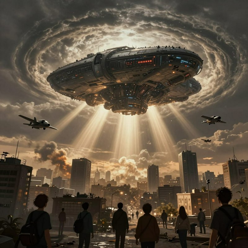 Gigantic sci‑fi spaceship hovering above a city at sunset with dramatic beams of light and planes nearby