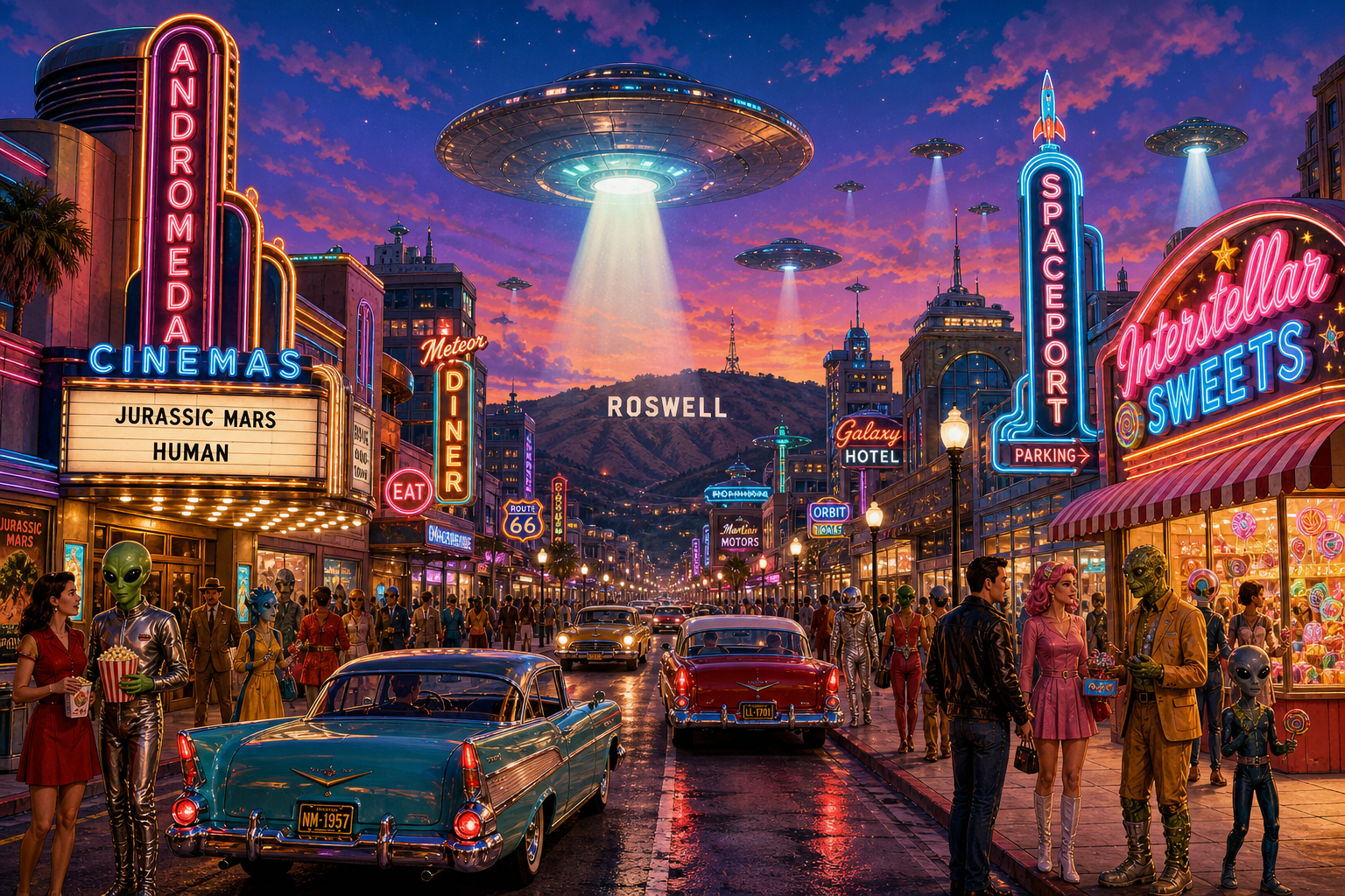 Neon-lit retro-futuristic street with aliens, vintage cars, and hovering UFOs under a starry sky.