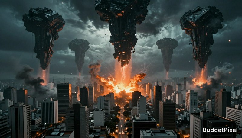 City skyline under fiery, towering dark obelisks unleashing explosions over skyscrapers.