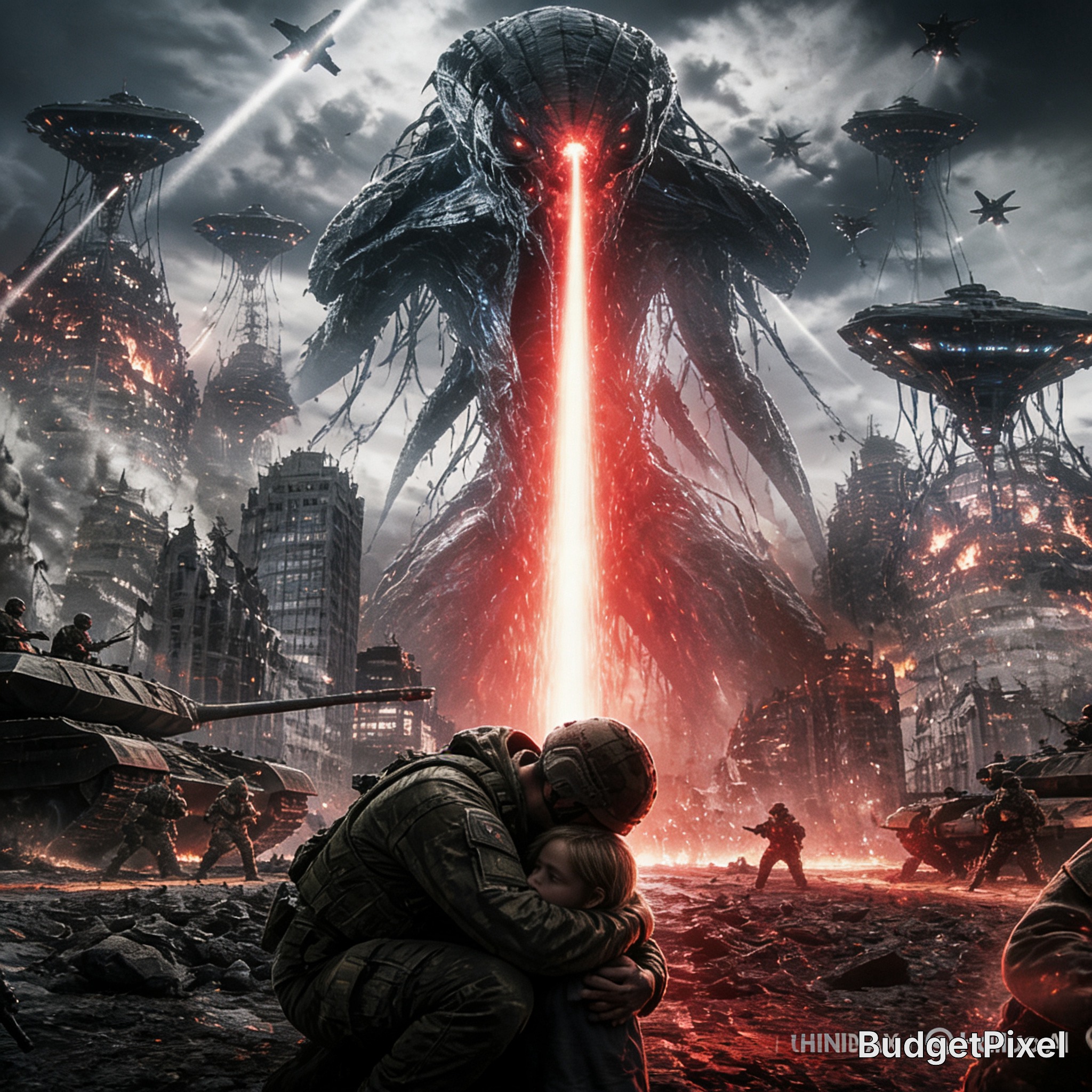 Gigantic alien looms over a ruined city as a red laser beam blasts upward; soldiers and civilians cower amidst rubble.