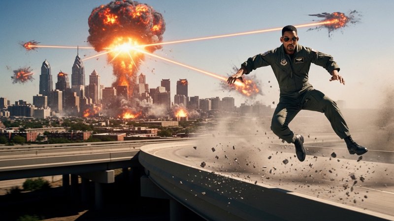 Man in a green flight suit leaps across a curved highway with a fiery explosion and city skyline ...