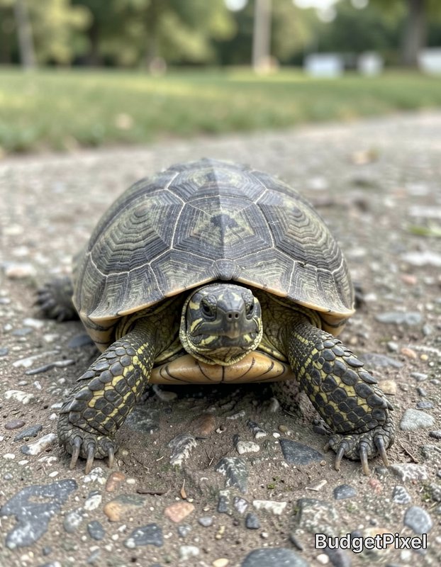 Close-up of a turtle on a gravel path, facing the camera with detailed shell patterns.