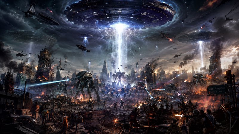Futuristic city under alien invasion with flying saucers, laser beams, and towering mechs in chaos