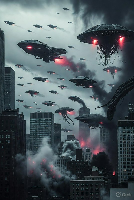 Futuristic city under attack by a fleet of alien UFOs with red glow over smoky skyscrapers.
