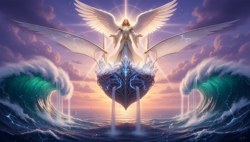 Angelic figure with radiant wings atop a crystalline boat riding glowing ocean waves.