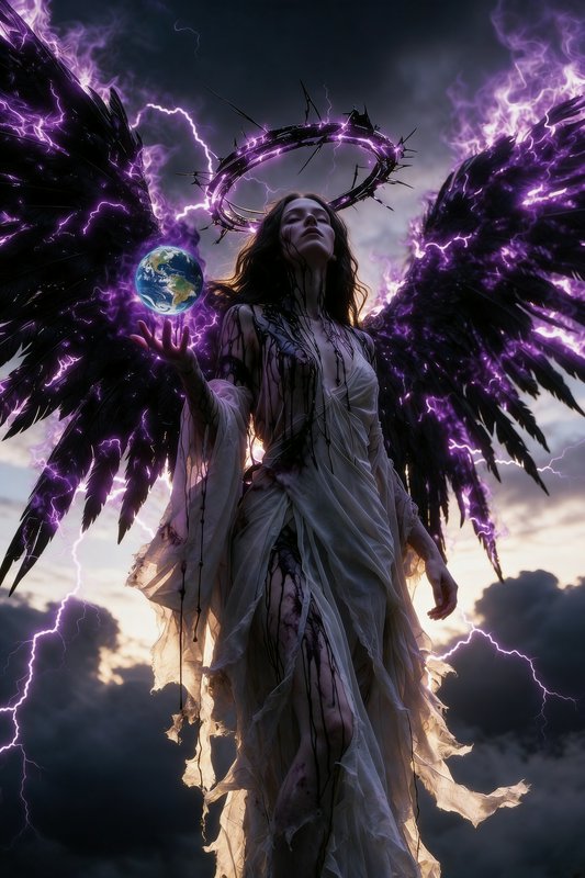 Ethereal dark-winged angel with a glowing purple halo of lightning, holding Earth in a stormy sky.