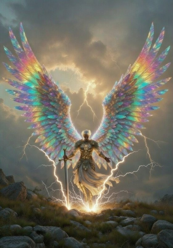 Celestial warrior angel with rainbow wings, glowing sword, amid lightning and stormy landscape.