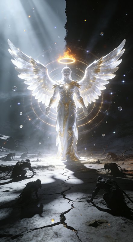 Angelic figure with large white wings and halo, glowing aura above cracked ground.