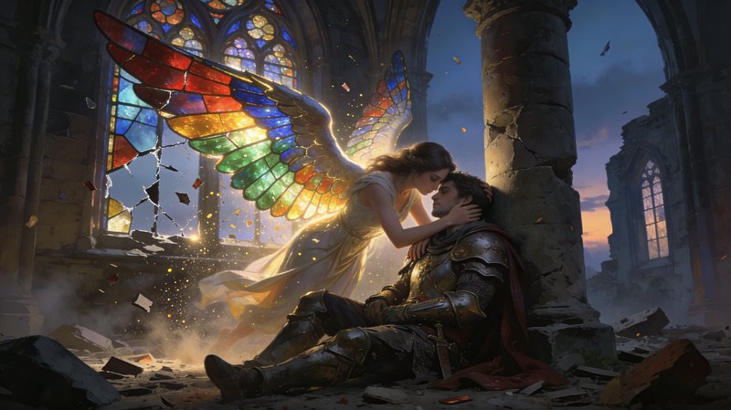 Fantasy scene of a rainbow-winged angel comforting a armored knight amid a ruined cathedral.