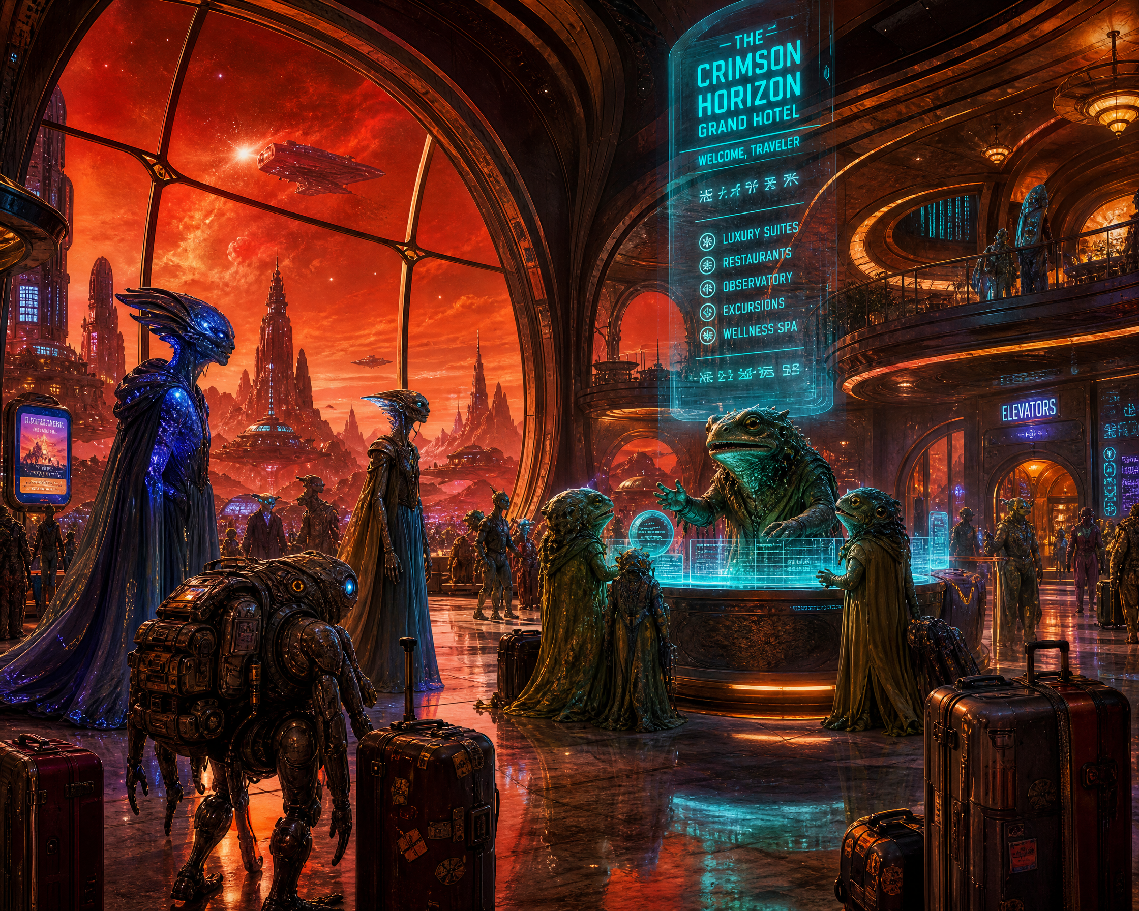 Futuristic hotel lobby with aliens and holographic displays against a red-orange planetary cityscape outside.