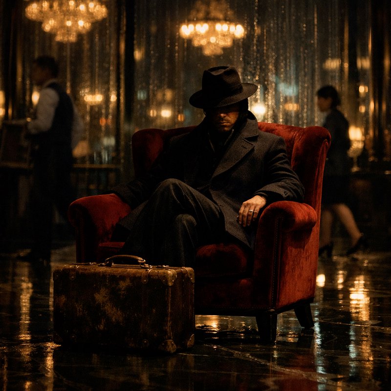 Man in a dark coat and fedora sits in a red velvet chair in a dim, luxurious hotel lobby with a vintage suitcase nearby