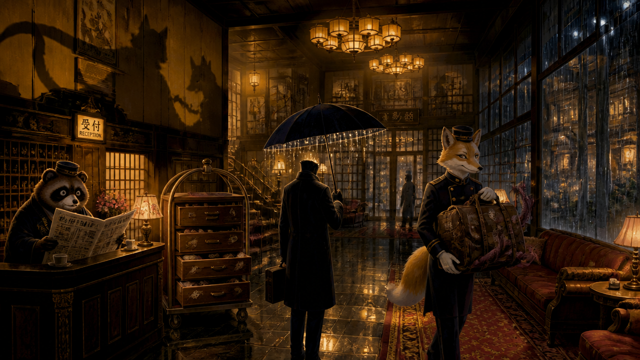 Luxurious dark hotel lobby with anthropomorphic animals: a panda receptionist and a fox porter in uniform, man with umbrel...