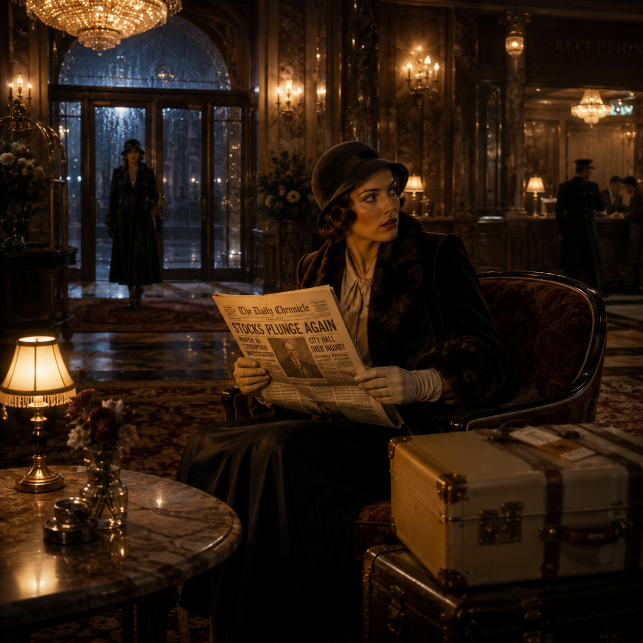 Woman in 1930s vintage fashion reading a newspaper in an ornate hotel lobby at night.
