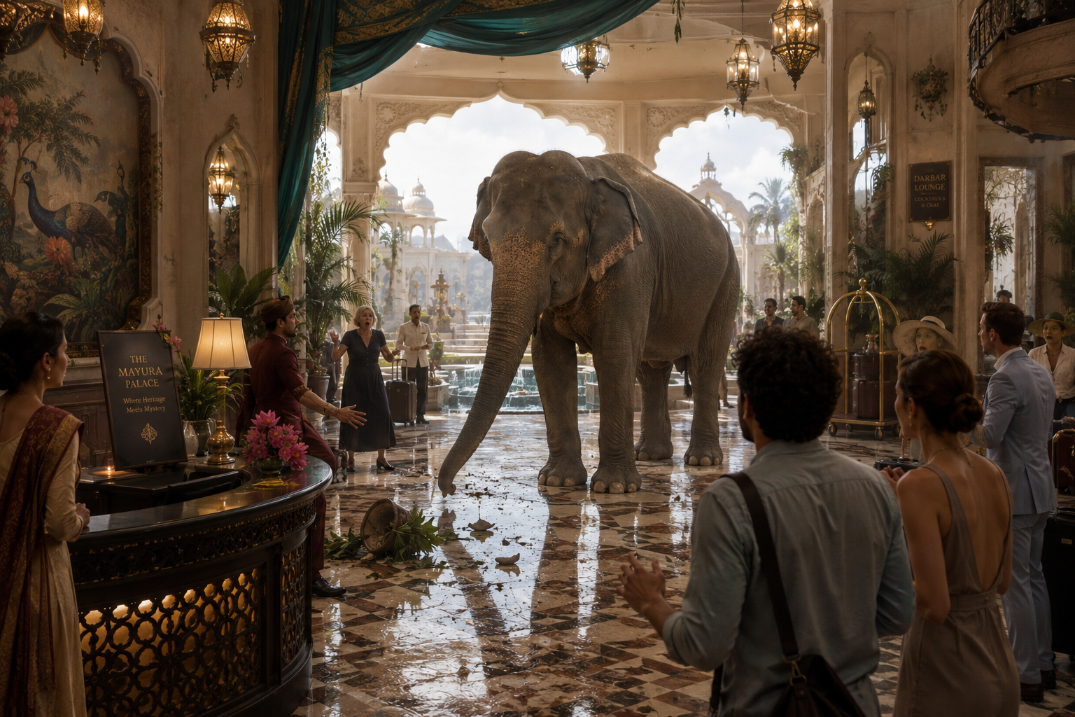 Elephant walking through a grand hotel lobby with ornate chandeliers and guests.