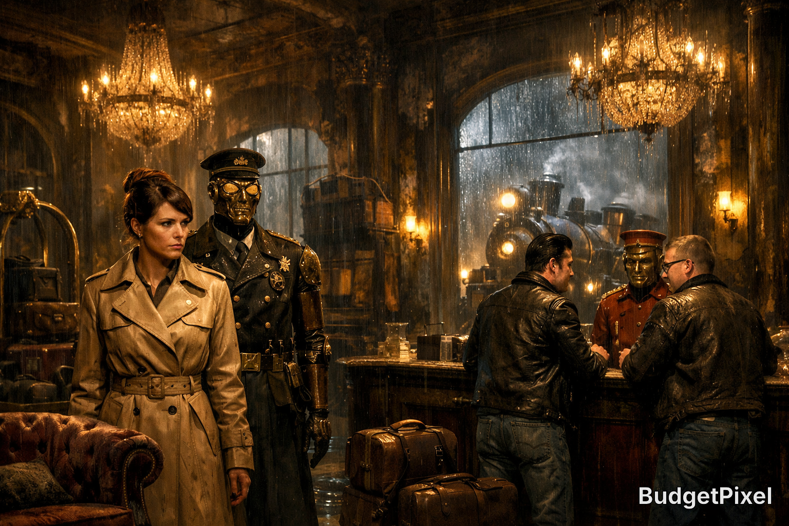 Woman in a beige trench coat stands beside a masked military officer in a steampunk-style, dimly lit bar.