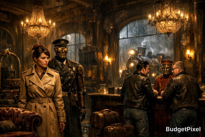 Woman in a beige trench coat stands beside a masked military officer in a steampunk-style, dimly lit bar.