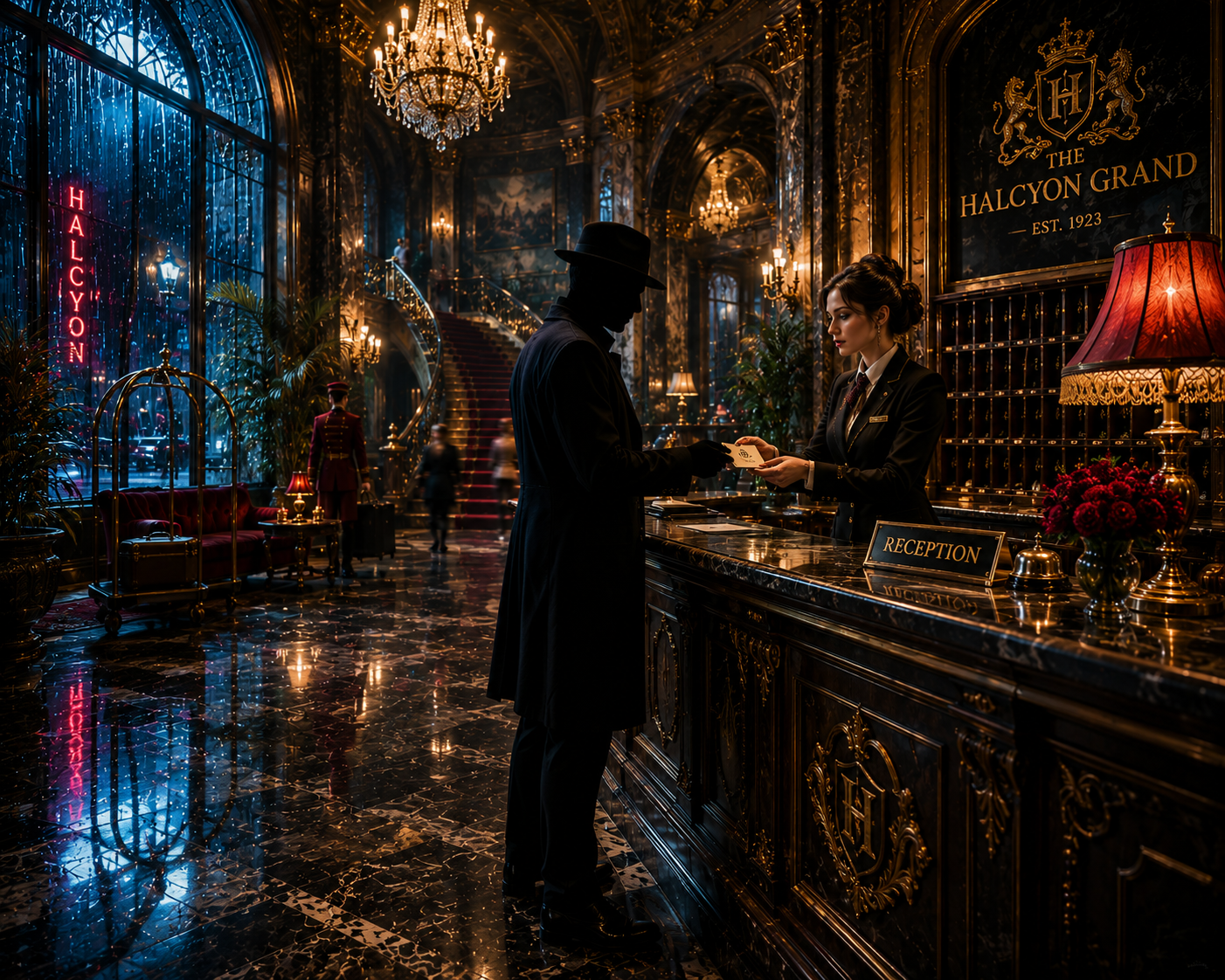 Silhouetted guest in a fedora hands over a card to a reception clerk in a opulent hotel lobby