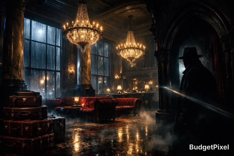 Dim luxurious noir lounge with chandeliers, red velvet couches, fog, and a shadowy figure with a flashlight.