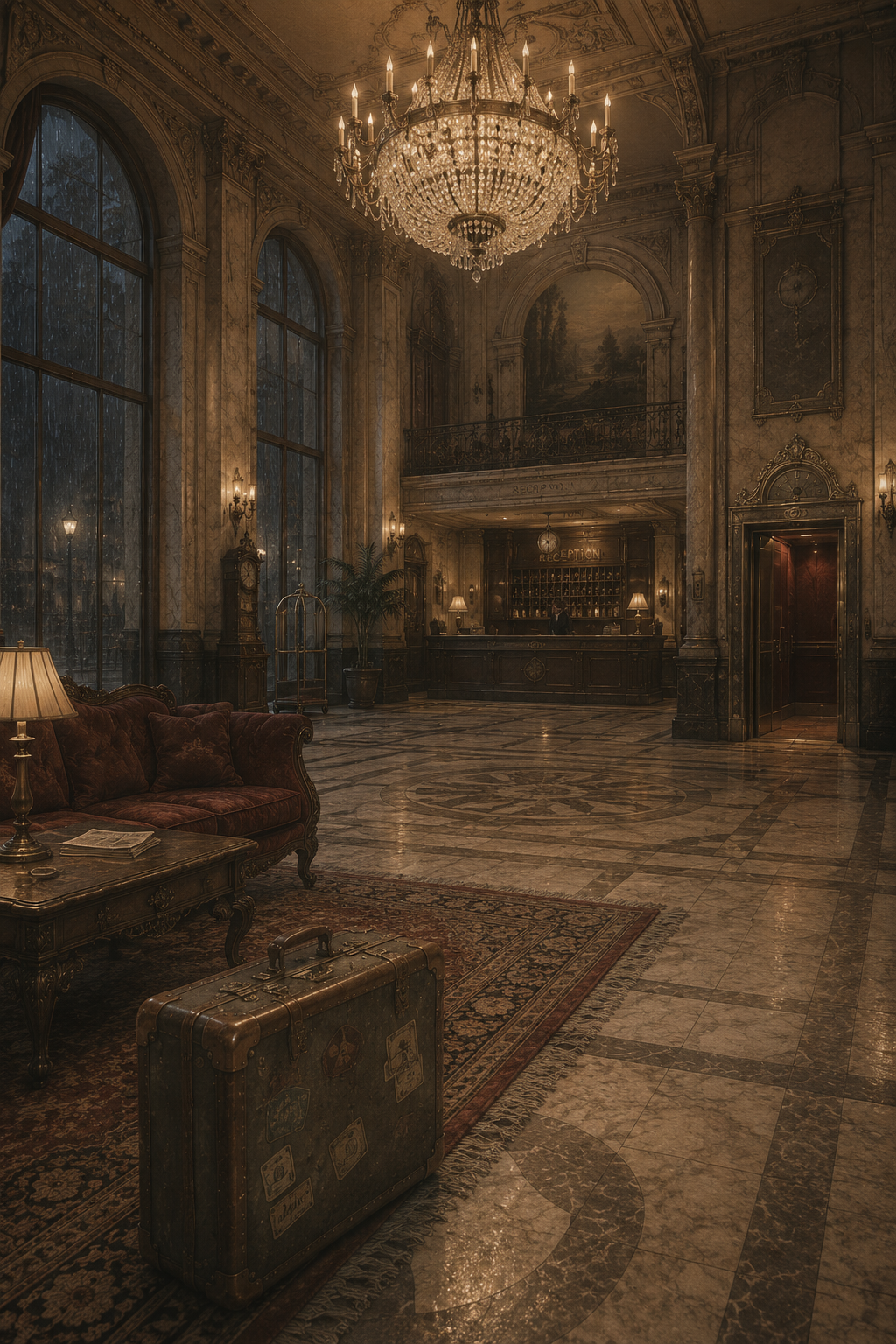 Grand luxury hotel lobby with chandelier, marble floors, and vintage suitcases in an ornate, dimly lit interior.