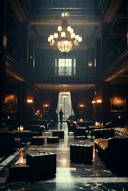 Grand hotel lobby with ornate chandelier, silhouettes of travelers, and scattered luggage on a ma...