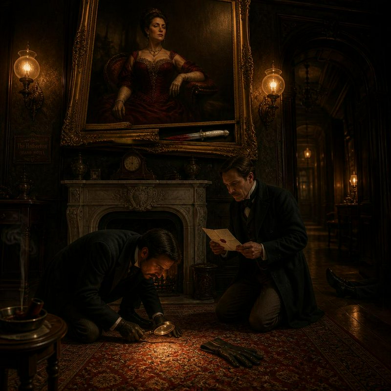 Dim Victorian parlor with two men investigating a crime by the fireplace.