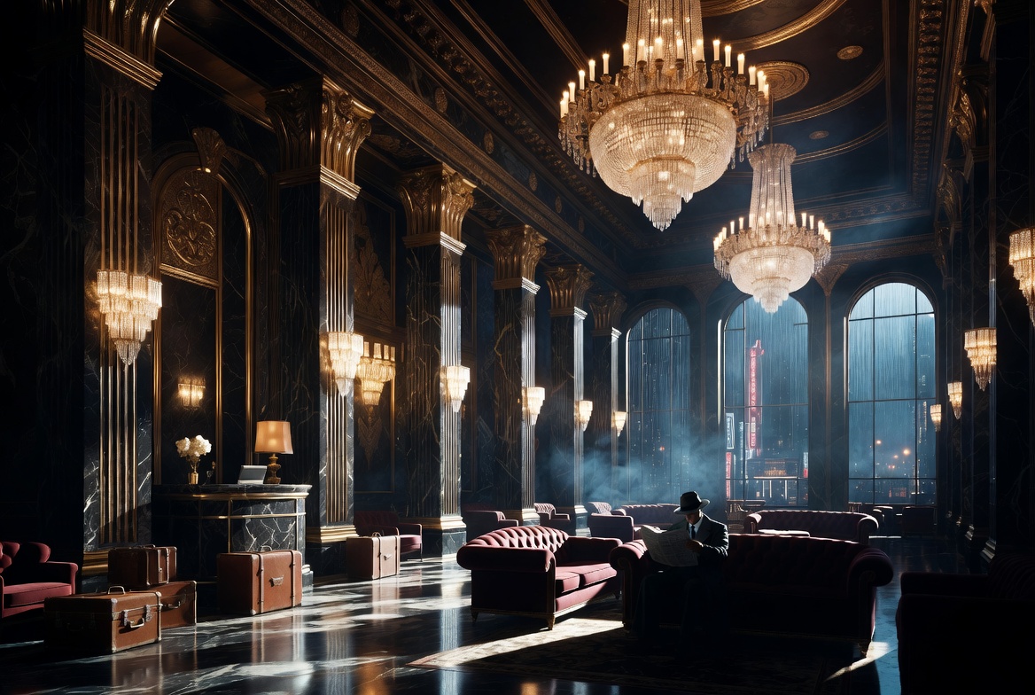 Luxurious dark marble hotel lobby with crystal chandeliers, velvet seating, and a man reading near a window.
