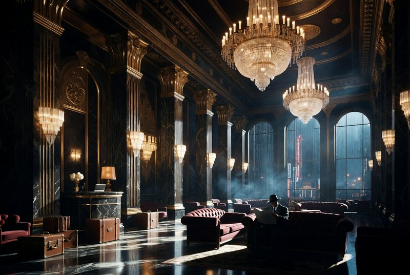 Luxurious dark marble hotel lobby with crystal chandeliers, velvet seating, and a man reading near a window.