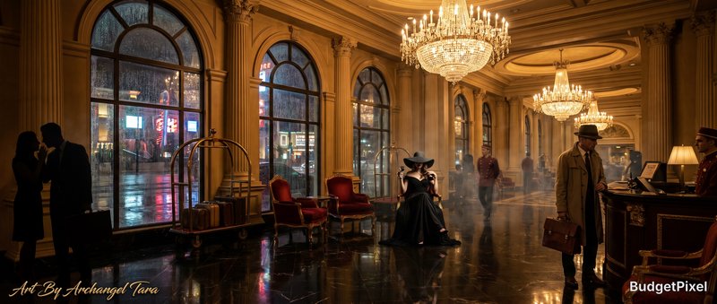 Luxurious hotel lobby with grand chandeliers, arched windows, and vintage 1940s-style guests.