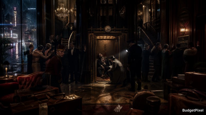 A dim, vintage hotel lobby with chandeliers and a central ornate elevator, where two people kneel near the elevator