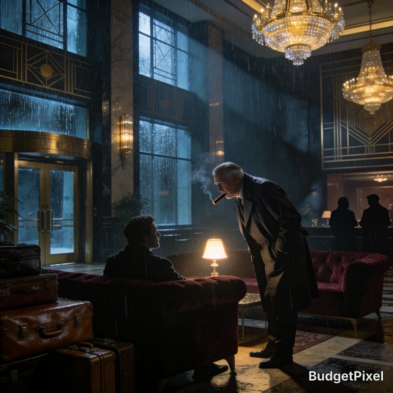 A man with a lit cigar leans over to talk to another man seated on a red velvet sofa in a rainy luxury hotel lobby.