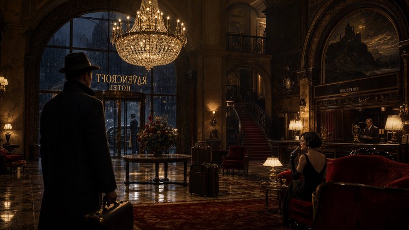 Elegant hotel lobby with chandelier, man in a hat carrying a suitcase, and a woman seated on a red velvet sofa.