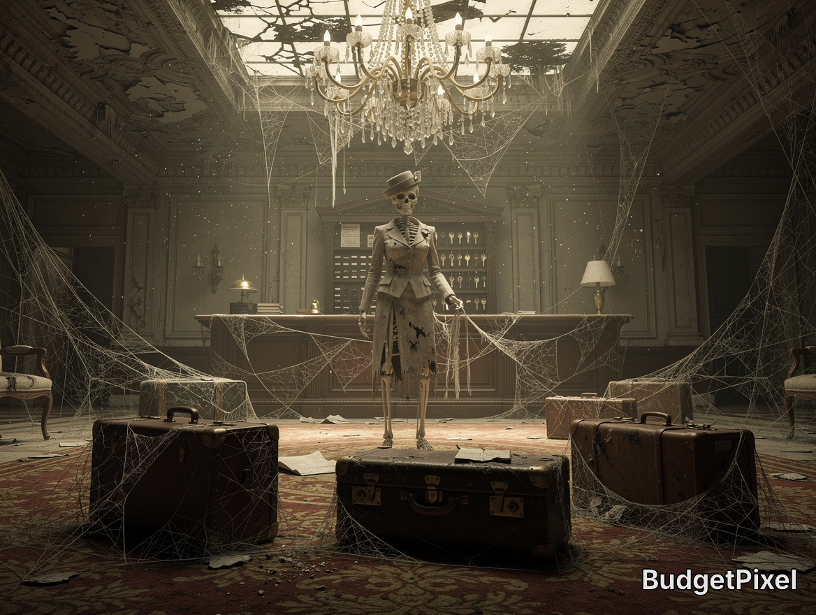 Eerie skeleton in a tattered suit standing in a cobweb-filled vintage lobby with suitcases