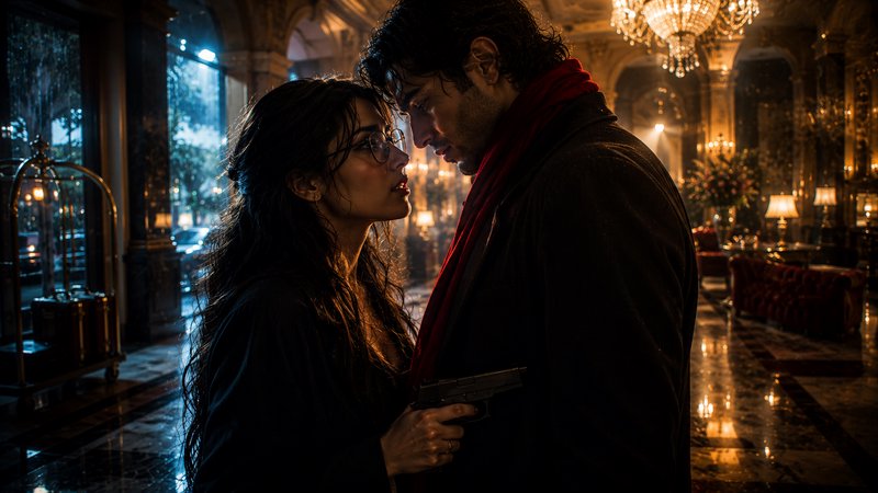 Woman with a gun in a dim, opulent hotel lobby, facing a man wrapped in a red scarf.